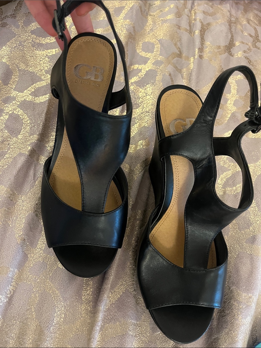 Gianni Bini Black Leather Cutout Wedge Slingbacks